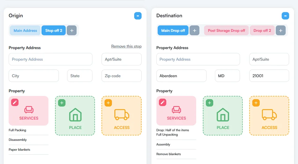 Mooxy multi-stop moving estimate with pickups, deliveries, and storage stops